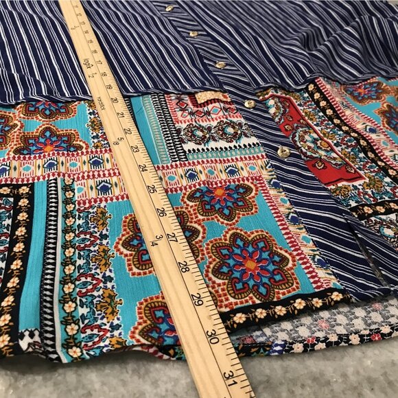 Calessa Shirt Womens 2XL Blue Stripe Boho Patchwork Button Front Roll Tab New - Picture 9 of 10